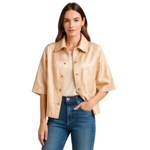 Chico’s Beige Zip & Snap Front Satin-Look Textured Jacket, Size 3 NWT